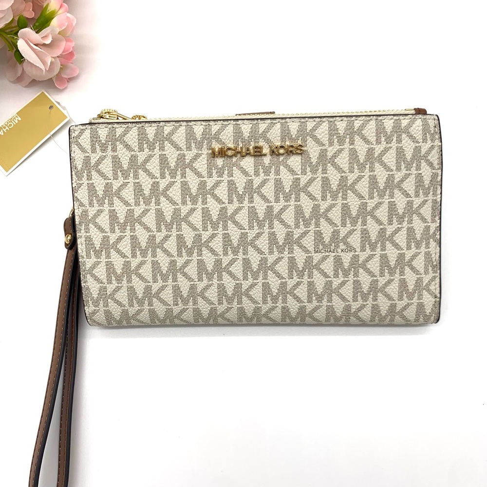 Michael Kors Jet Set Travel Double Zip Wristlet - Vanilla Signature /Acorn